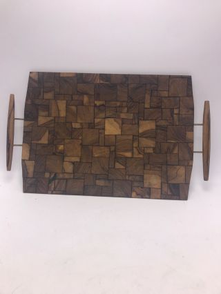 Wood Serving Tray Inlaid Mosaic Mid Century Modern 2 Handles Footed Vintage Mcm