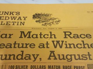 Funk ' s Motor Speedway Winchester 1941 RARE Speedway Bulletin USAC Indy 500 WoO 2
