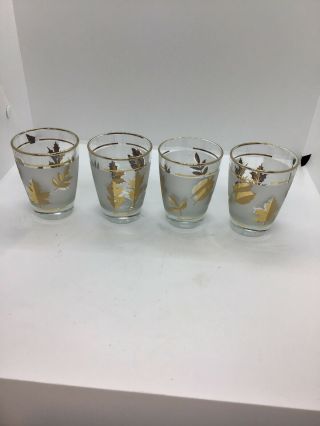 Vintage Libbey - Gold Leaf Frosted Glasses - Set Of 4 - 3 1/2” Tall