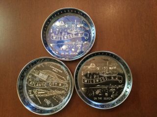 3 - Vintage Metal Rim Drink Coasters 1 From Atlantic City & 2 From Wildwood Nj