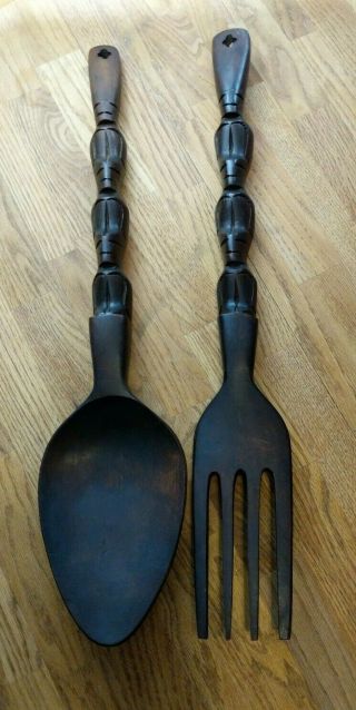 Vintage Large 26 " Carved Wooden Fork And Spoon Wall Décor Wood Tiki Totem