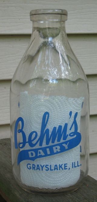 Antique 1/2 Gallon Milk Bottle War Slogan Behms Dairy Grayslake Il Blue War Bond