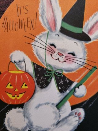 Vtg Rust Craft Halloween Greeting Card Bunny Witch Broom Pumpkin Bucket Moon 50s