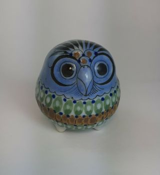 Vintage Owl Mexican Pottery Folk Art Hand Painted Tonala Mexico Ceramic 3.  5 "