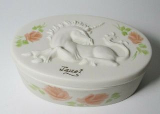 Vintage Unicorn Trinket Box Vanity Jar Hand Painted Porcelain Personalized Janet