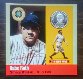 Babe Ruth 1990 Hall Of Fame Legends 500 Hr Club.  999 Silver Coin,  Card Nm - Mt