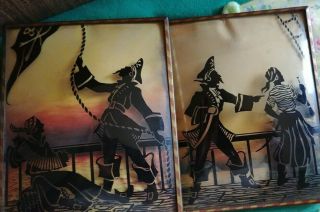 2 Vintage Older 4 By 5 " Silhouette Bubble Pirates Ship Ocean Water Scene Picture