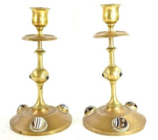 Pair Antique Aesthetic Art & Crafts Brass & Agate Mounted Candlesticks