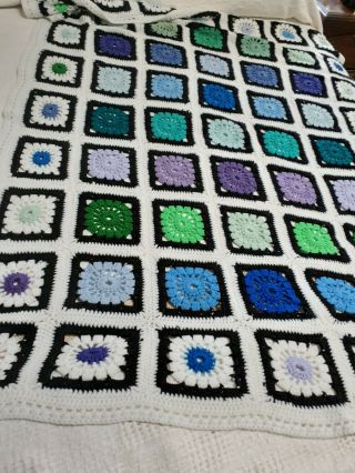Vintage Hand Crochet Granny Square Afghan - Blue,  Green,  Teal And Purple - 48×65