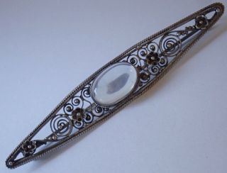 Antique Arts & Crafts Sterling Silver Filigree Moonstone Flower Brooch