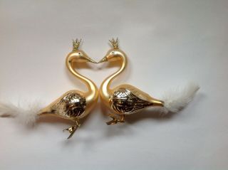 2 Vintage Czech Glass Clip On Swan Bird Christmas Ornaments With Feather Tail