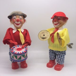 Vtg 2 Circus Clowns Wind Up Plastic Toy Playing Musical Clockwork Cymbals/drums