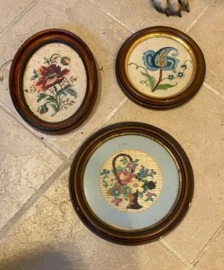 Two Framed Vintage Needlepoint Pictures Wood Frames 9x7 One Cross Stitch Round