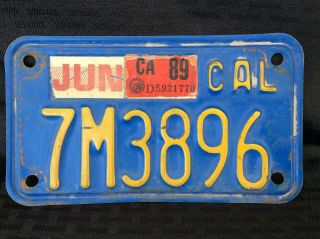 Vintage California Motorcycle Blue/yellow License Plate 7m3896 June 1989 Sticker