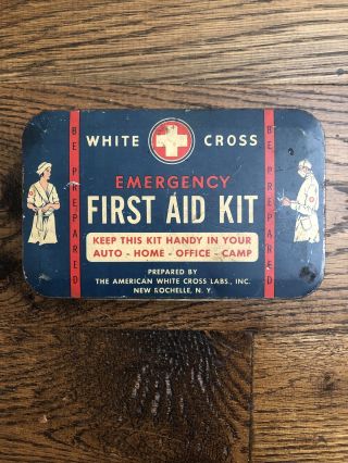 Vintage White Cross Emergency First Aid Kit Tin & Items