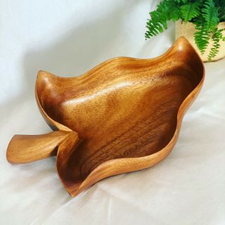 Wood Bowl Vintage Hand Carved Wooden Leaf - Shaped Tray Hawaii Hardwoods Monkeypod