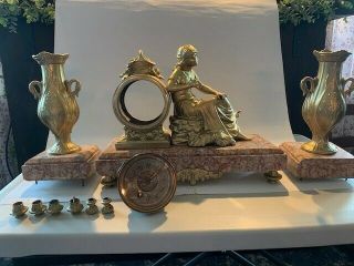 19th C.  Antique French Figural Clock With Garnitures - Project Or Parts