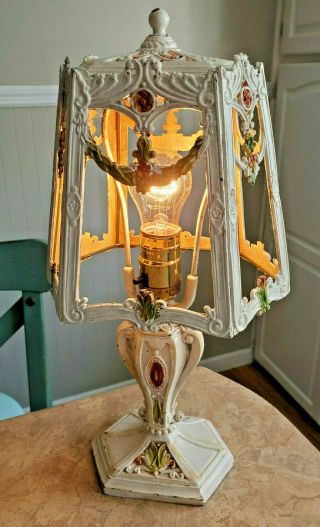 Antique / Vintage Cast Iron Ornate Table Lamp (base & Shade Both Cast Iron)