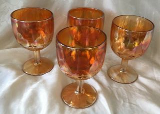 Set Of 4 Vintage Marigold Carnival Orange Goblet Water Glass W/ Star Pattern 6 "