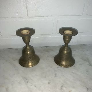 Pair Vintage Brass Etched Candlestick Holders Alter Shrine Bells India Boho