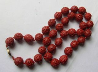 Vintage Chinese Cinnabar Bead Necklace 26 " Length 15mm Beads