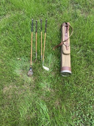 Antique Vintage Hickory Wood And Metal Shaft Golf Clubs And Bag