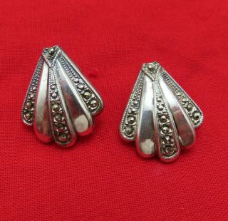 Vintage Sterling Silver Pierced Earrings Marcasites Fan Art Deco Jewelry 697m
