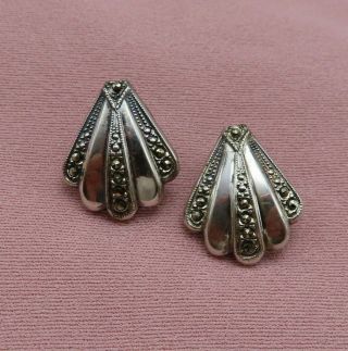 Vintage Sterling Silver Pierced Earrings Marcasites Fan Art Deco Jewelry 697m 3