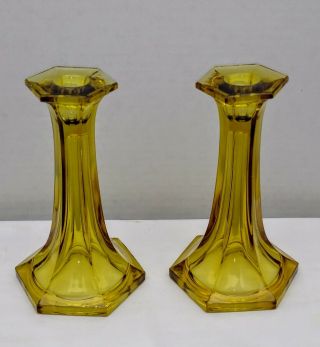 Vintage Amber Glass 6 Paneled Candle Holders 7 1/2 "