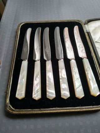 Lovely Art Deco Carved Mother Of Pearl Tea Butter Knives Boxed 6