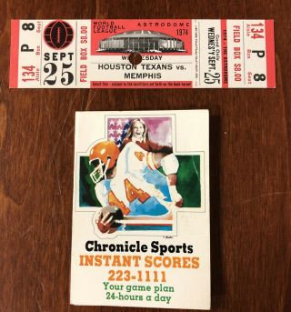 1974 Wfl Houston Texans Full Ticket & Rare Pocket Schedule Houston Oilers