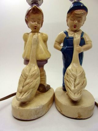 Vintage Chalkware Pair Lamps Girl With Goose And Boy With Goose Hand Painted