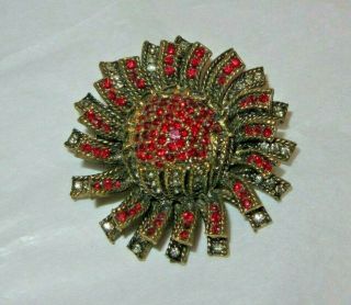 Vintage Signed Har Gold Tone Pin W/ Red Rhinestones Dome Shape Flower Round