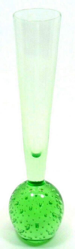 Vintage Ball Bottom Bud Vase Hand Blown Glass Controlled Bubble Bullicante Green