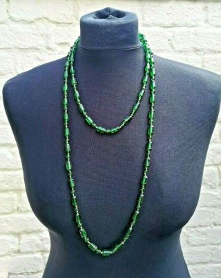 Vintage Art Deco Long Moulded Green Glass Beaded Necklace On String