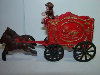 Vintage Cast Iron 2 Horse Red Circus Wagon Lion On Side W/driver Paint