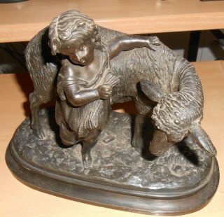 Antique Victorian Spelter Figure Young Girl With A Sheep