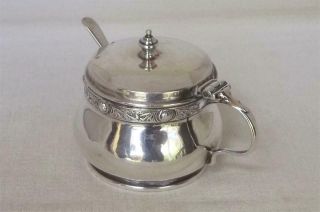 A Solid Sterling Silver Mustard Pot Lindisfarne Design With Liner & Spoon 1937.