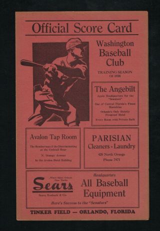 1938 Washington Senators Vs Detroit Tigers Baseball Spring Training Program