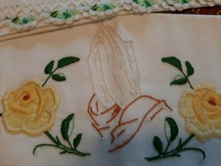 Vintage Pillowcases Embroidered Crocheted Lace Edge Praying Hands Yellow Roses