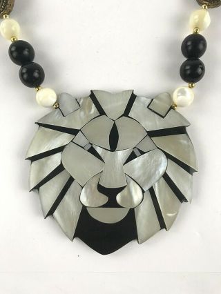 Vintage Lee Sands Lion Head Necklace Mixed Inlaid Beads Mother of Pearl 12 