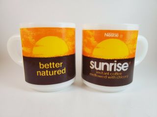 Set 2 Vintage Nestle Sunrise Instant Coffee Milk Glass Coffee Mug Cup 1970s