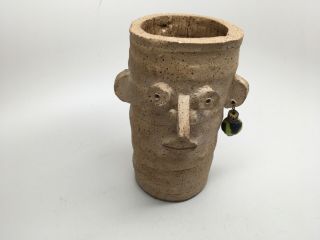 Vtg Stoneware Art Pottery Face Vase With Ears & One Earring - Signed