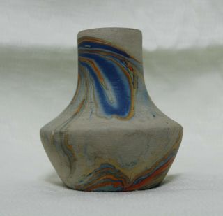 Vintage Nemadji Usa Indian River Art Pottery Blue Orange Swirl Vase Pot 3 1/4 "