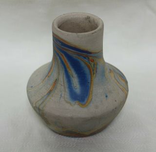Vintage Nemadji USA Indian River Art Pottery Blue Orange Swirl Vase Pot 3 1/4 