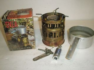 Vintage Optimus Svea 123 Brass Copper Gasoline Stove W/ Box & Mini Pump