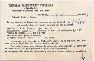 Vintage Qsl Card Radio Erpe – Ecuador 1965
