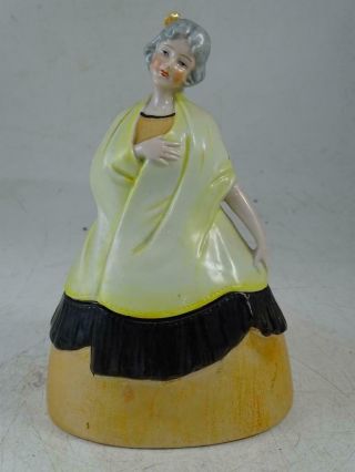 Antique German Half Doll Figural Covered Jar Powder Boudoir Yellow Shawl Vintage