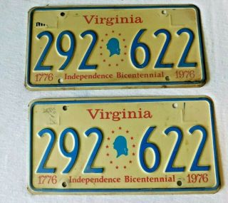 1976 Matching Pair Virginia License Plates Independence Bicentennial 292 622