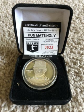 Don Mattingly Mlb Troy Ounce.  999 Fine Silver Coin Medallion Highland